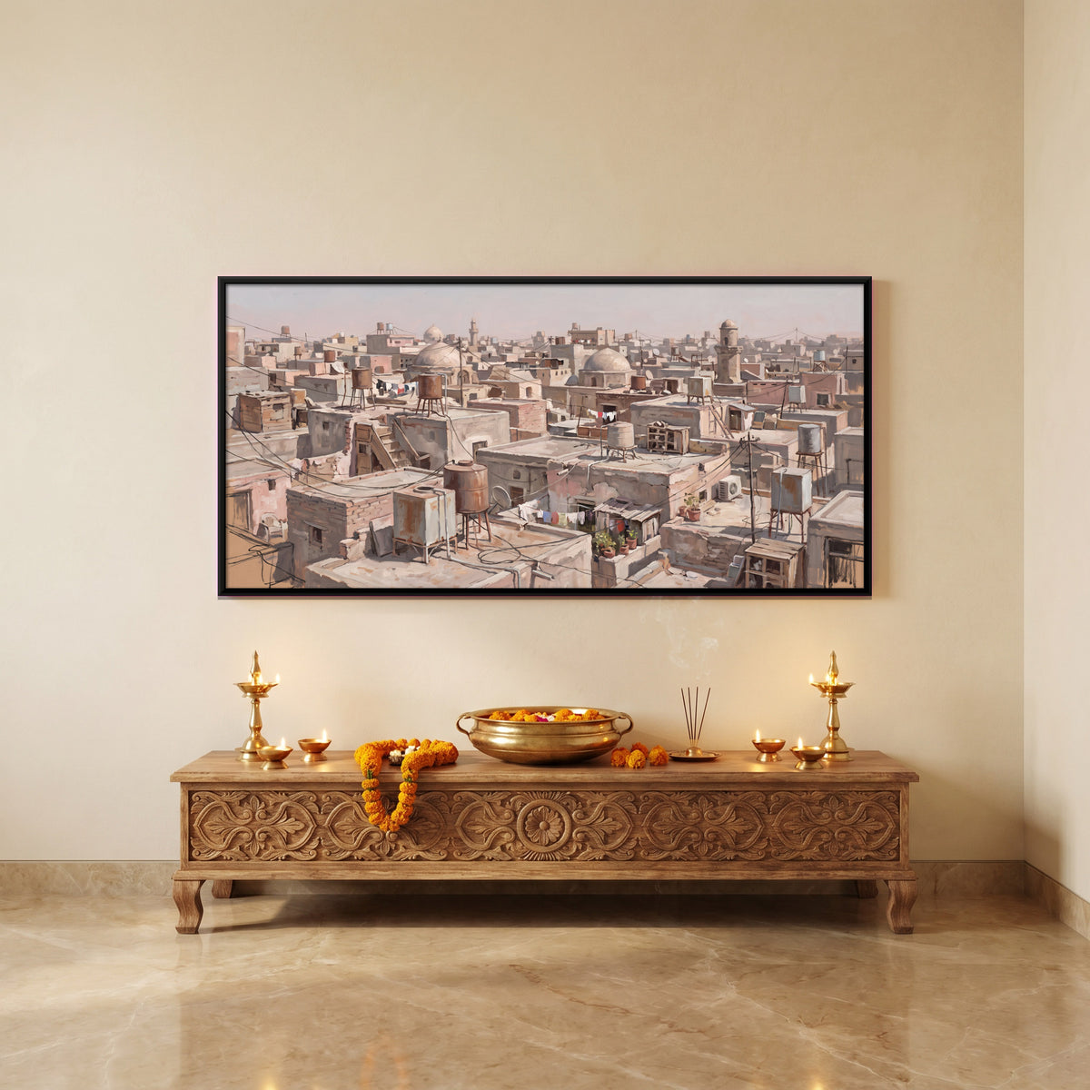 Old City Rooftops and Domes - canvas art shown in a styled room