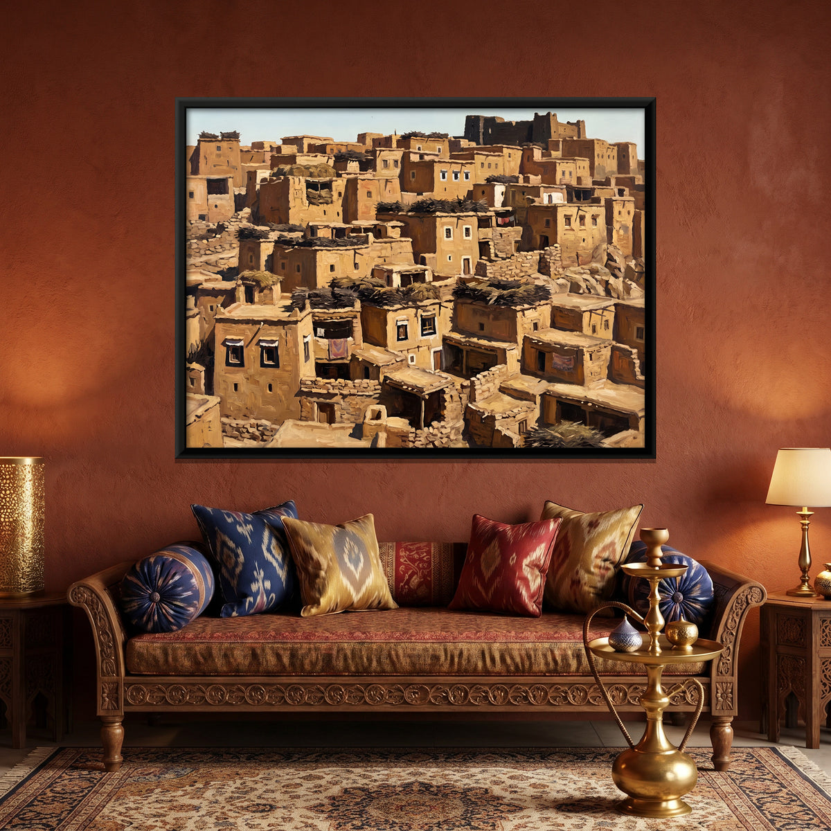 Mud-Brick Hillside Village - canvas art shown in a styled room