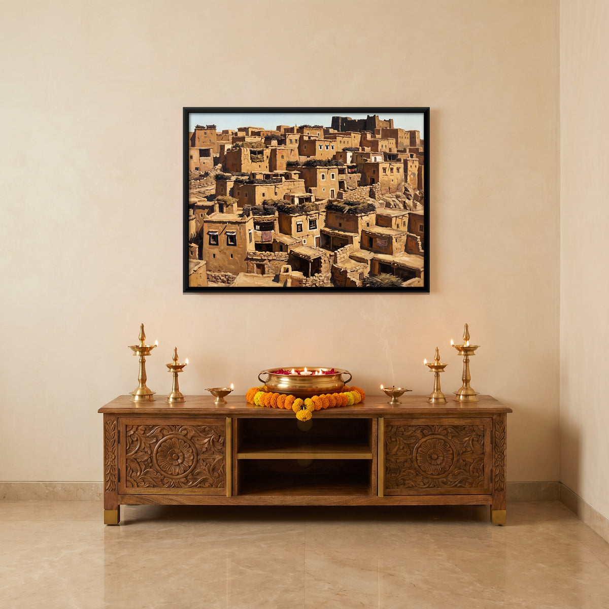 Mud-Brick Hillside Village - canvas art shown in a second room setting