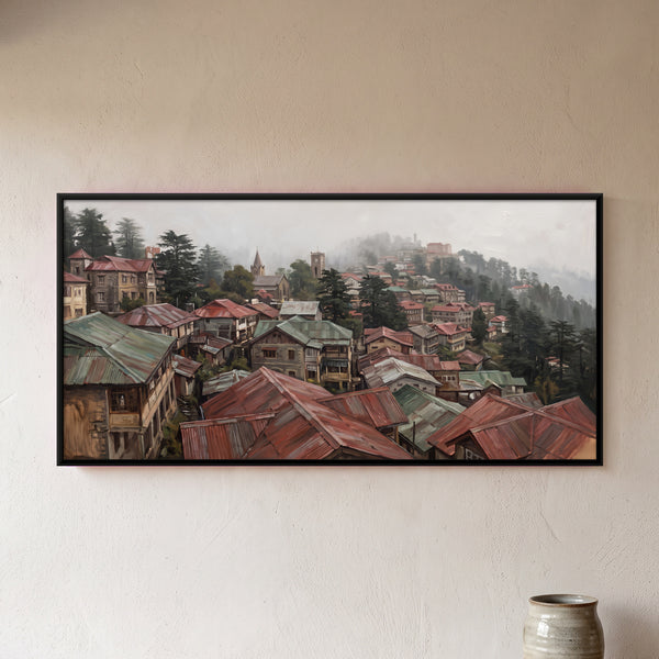 Hill Town with Red and Green Tin Roofs in Mist