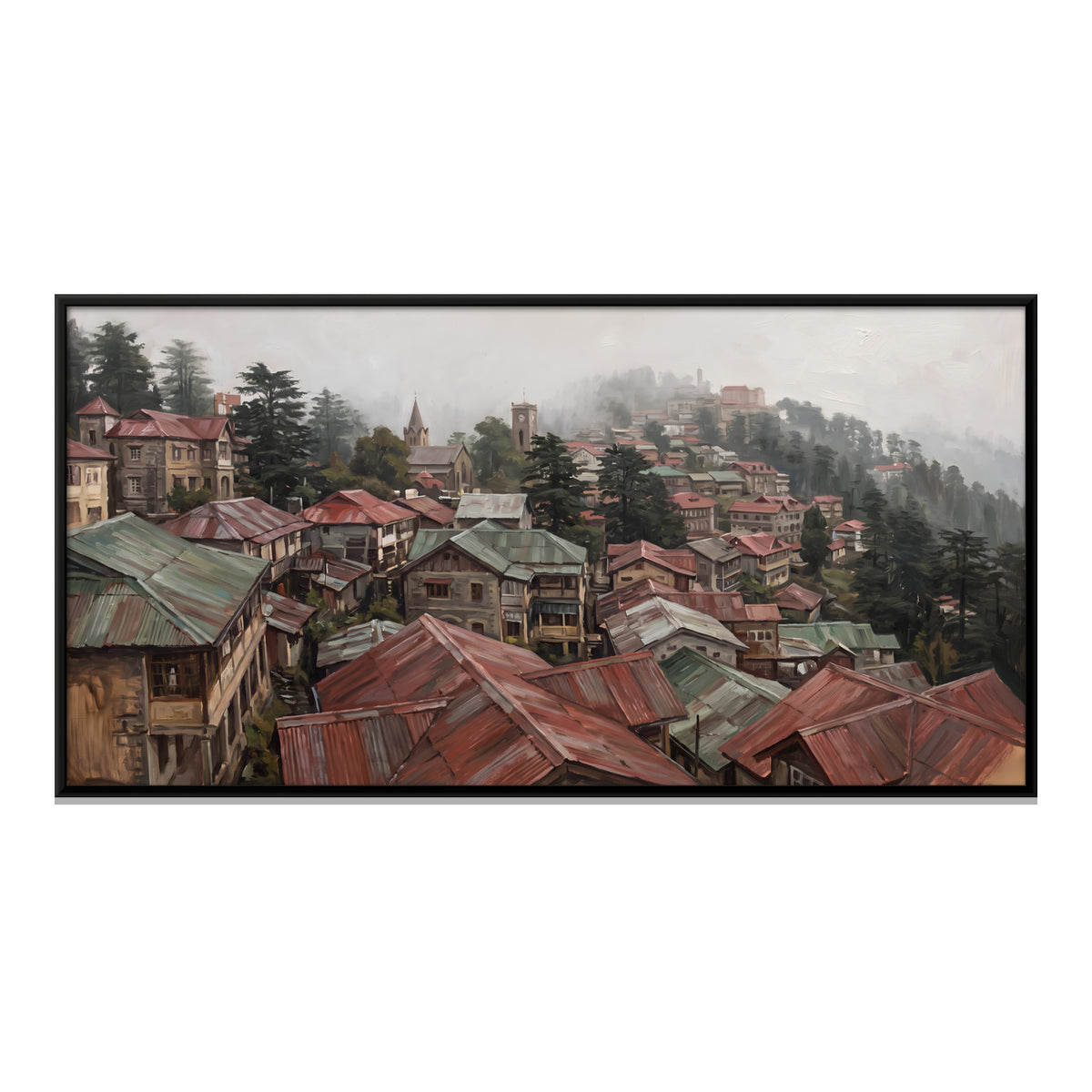 Tin Rooftops of a Hill Town - framed canvas print, front view