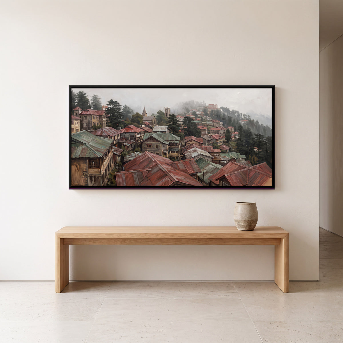 Tin Rooftops of a Hill Town - canvas art shown in a styled room