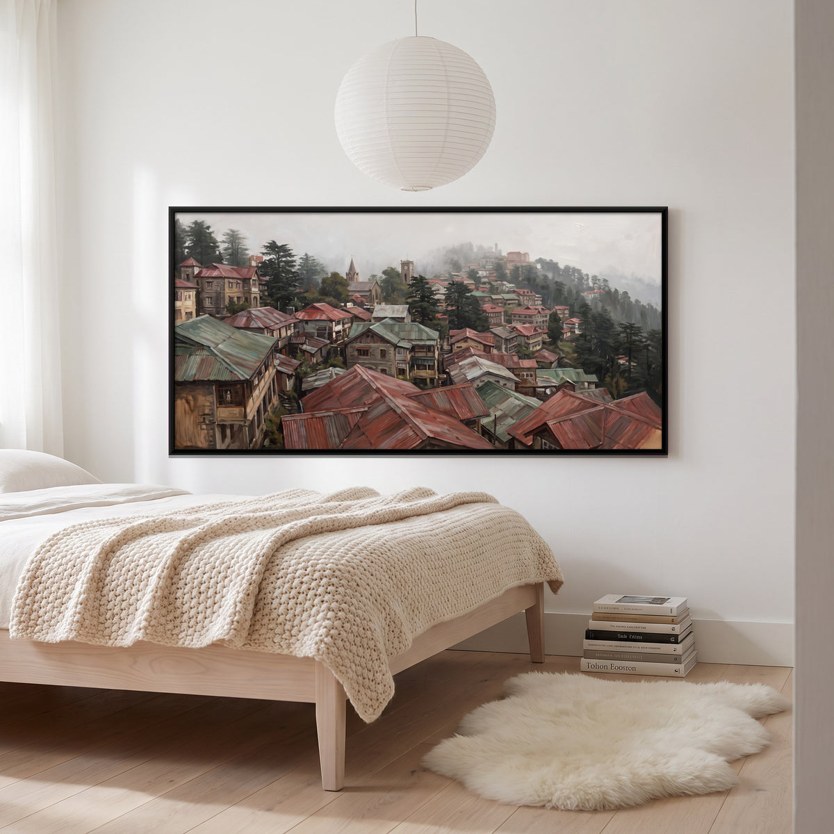 Tin Rooftops of a Hill Town - canvas art shown in a second room setting