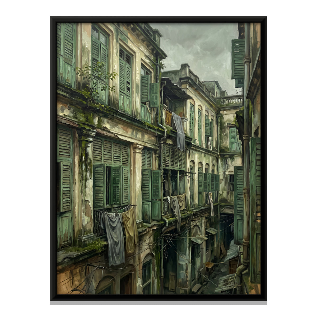Green Shuttered Old Town Facade - framed canvas print, front view