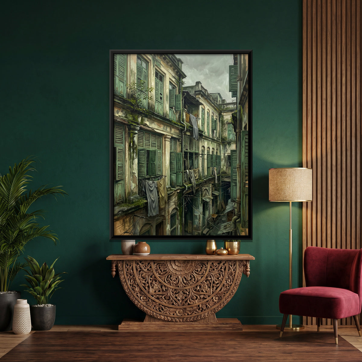 Green Shuttered Old Town Facade - canvas art shown in a styled room