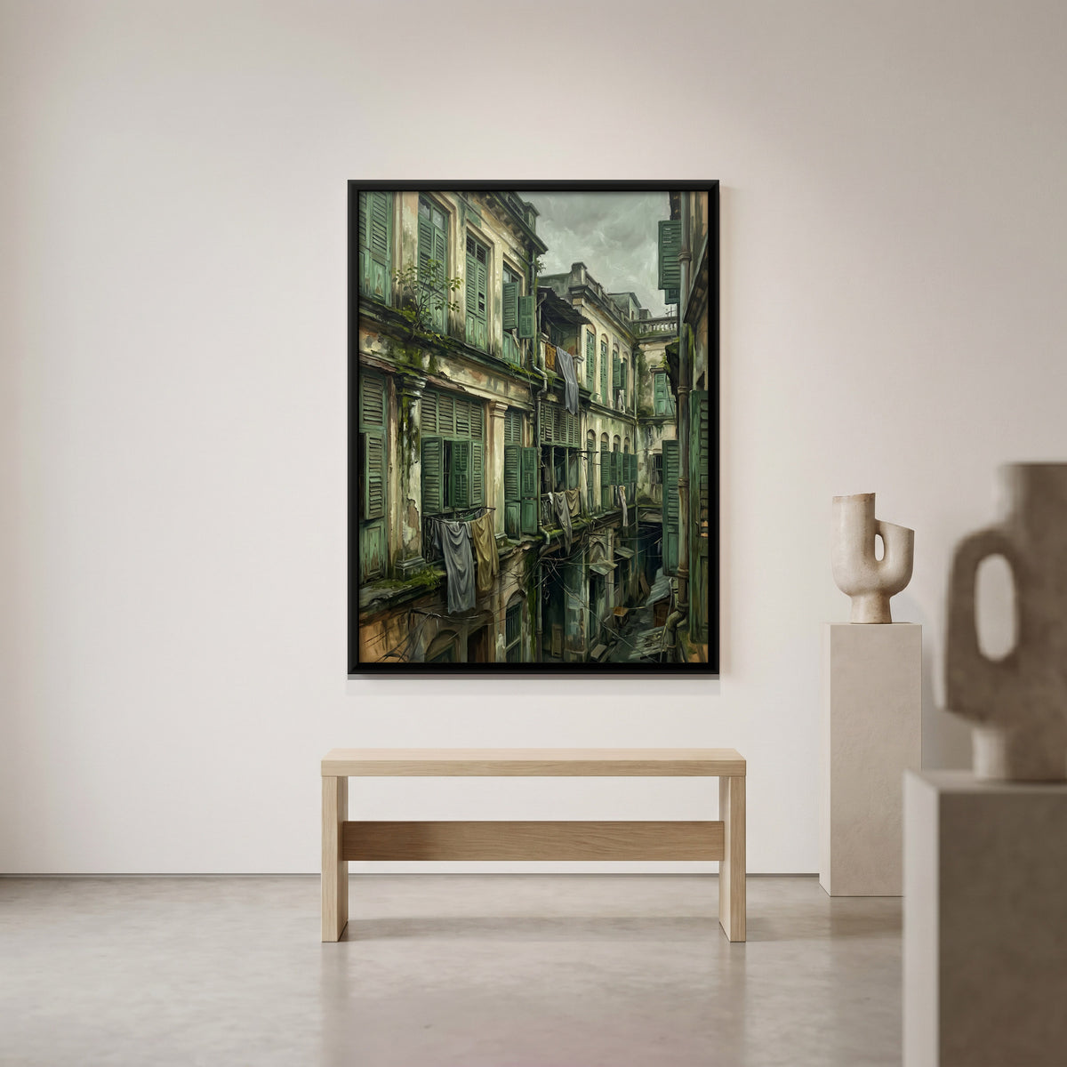 Green Shuttered Old Town Facade - canvas art shown in a second room setting