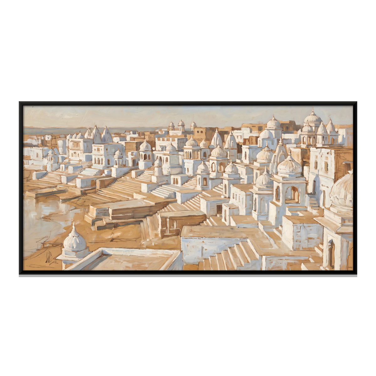 White Temple Town - framed canvas print, front view