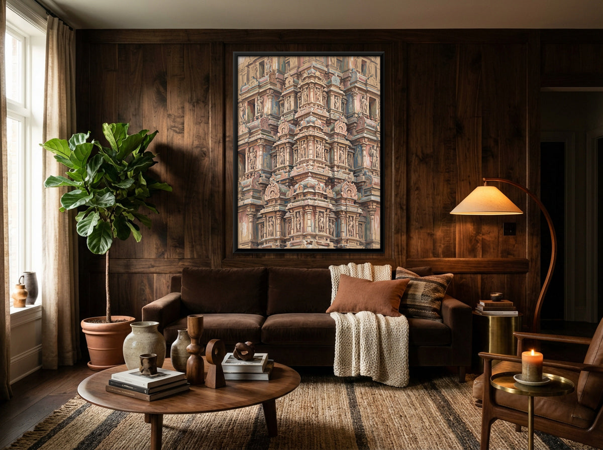 Carved Temple Tower - canvas art shown in a styled room