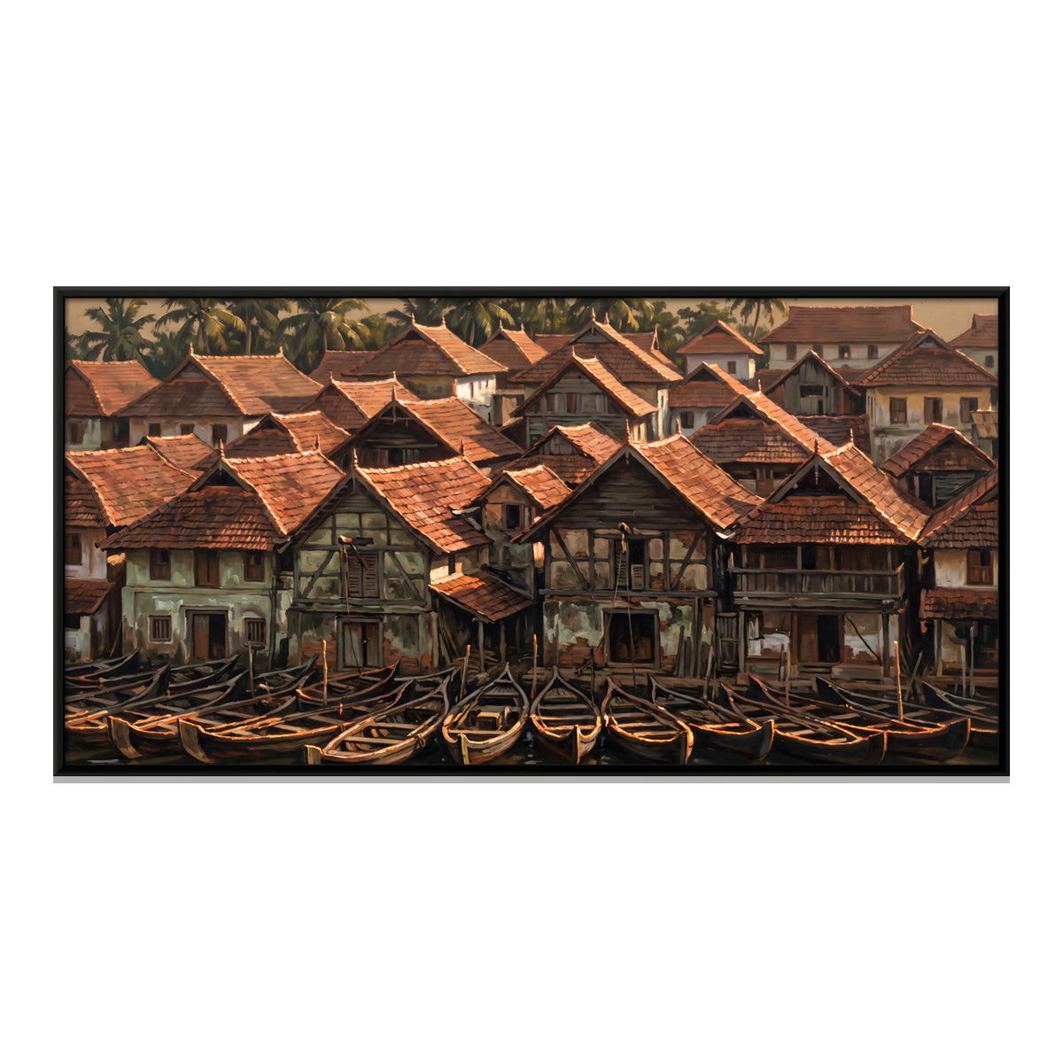 Kerala Backwater Village with Boats - framed canvas print, front view
