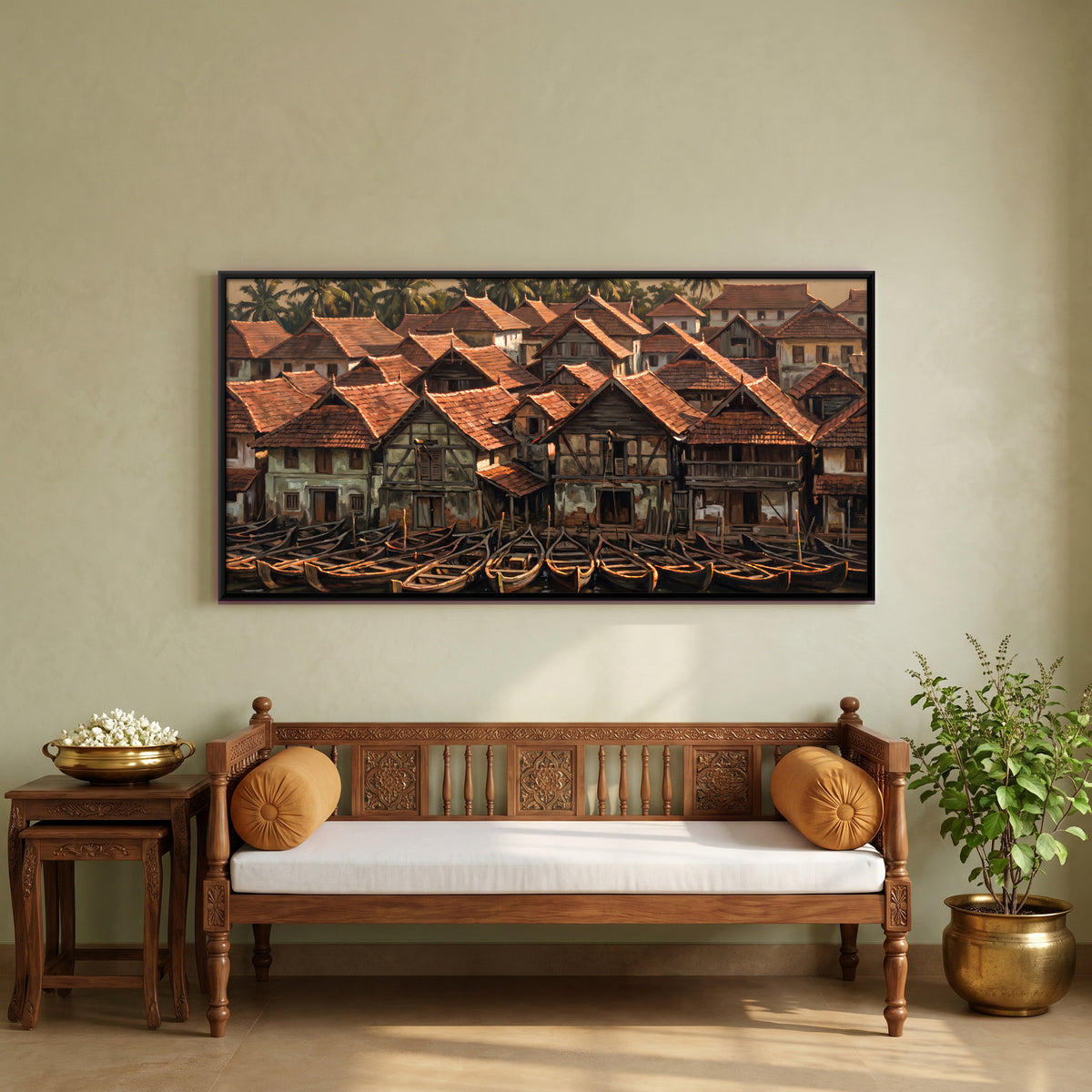Kerala Backwater Village with Boats - canvas art shown in a styled room