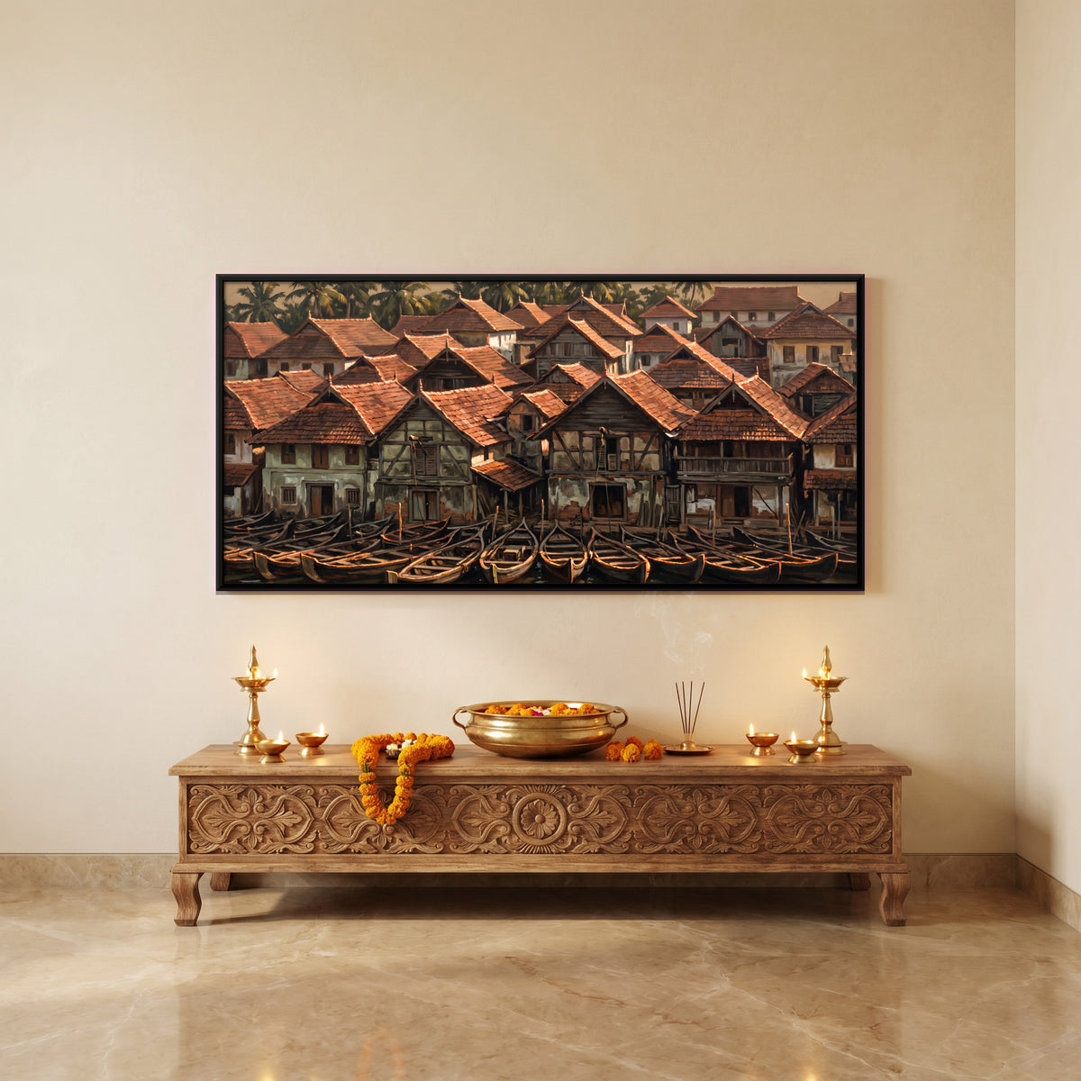 Kerala Backwater Village with Boats - canvas art shown in a second room setting