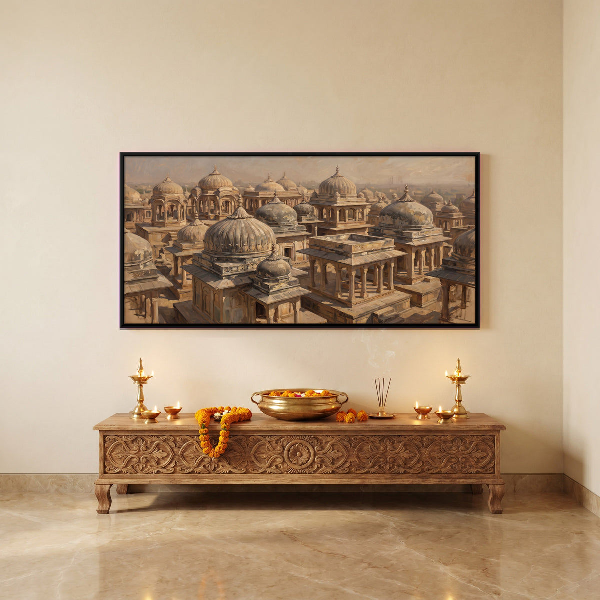 Field of Sandstone Chhatris - canvas art shown in a styled room