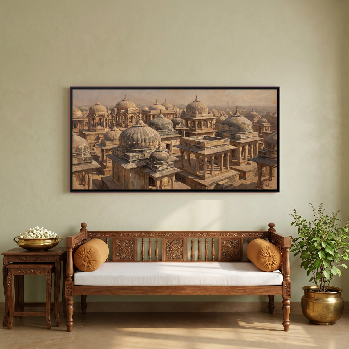 Field of Sandstone Chhatris - canvas art shown in a second room setting
