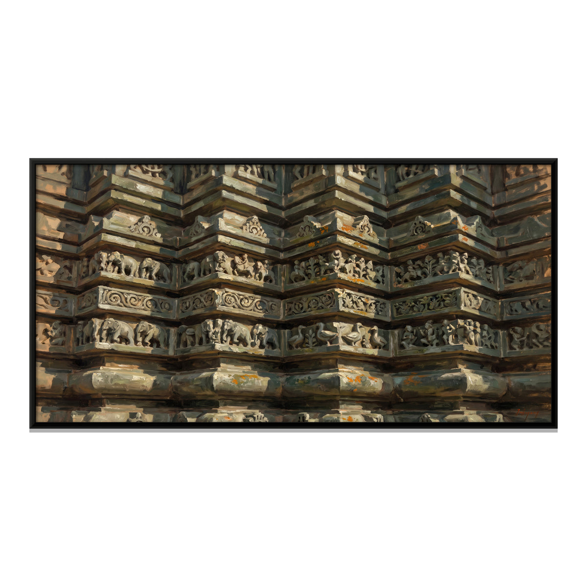 Carved Temple Wall with Elephant Frieze - framed canvas print, front view
