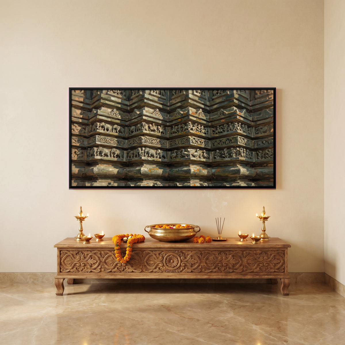 Carved Temple Wall with Elephant Frieze - canvas art shown in a second room setting