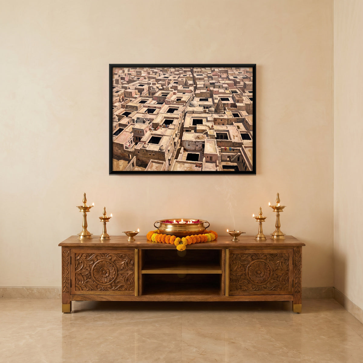 Town Rooftops from Above - canvas art shown in a styled room