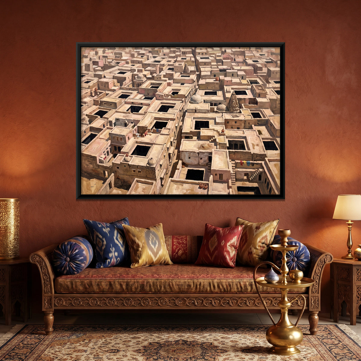 Town Rooftops from Above - canvas art shown in a second room setting