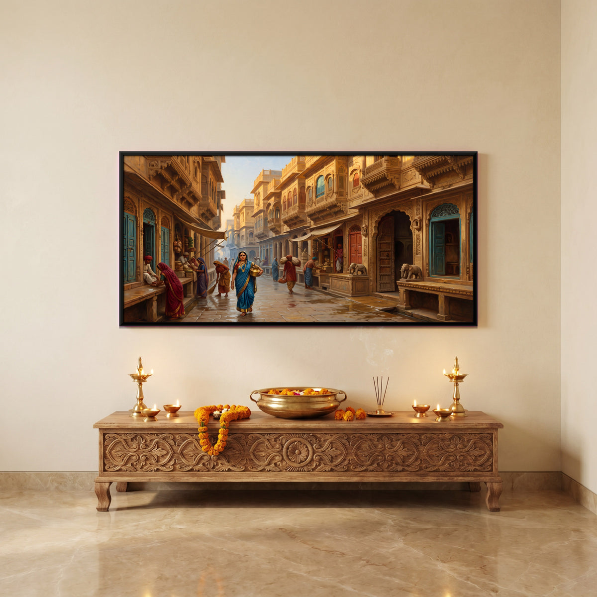 Women Walking a Haveli Lane - canvas art shown in a styled room
