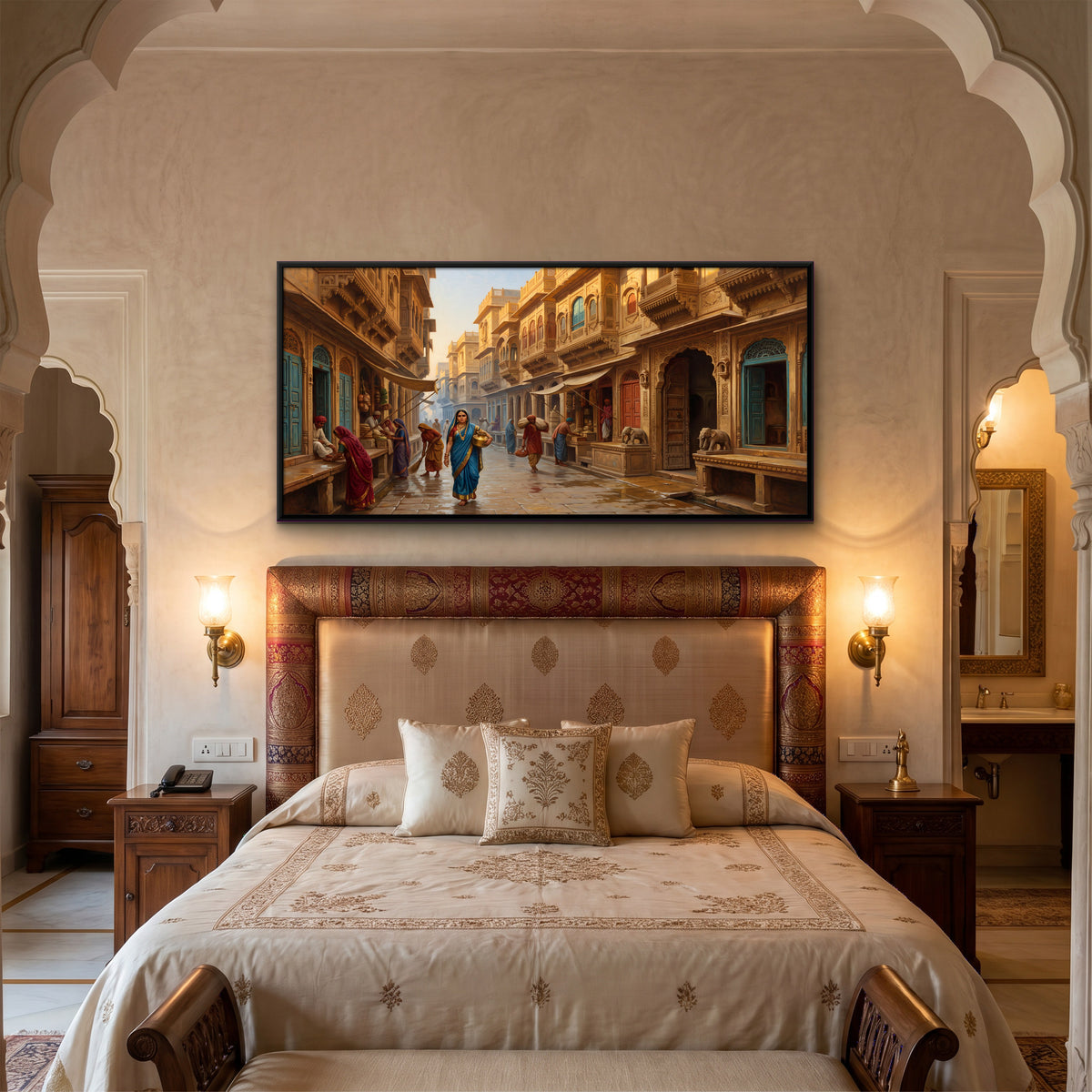 Women Walking a Haveli Lane - canvas art shown in a second room setting