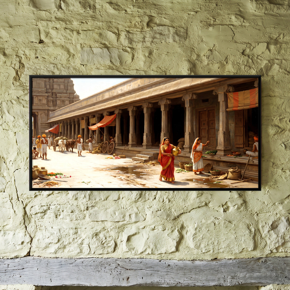 Market Day on a Temple Street - framed canvas art hung on a wall