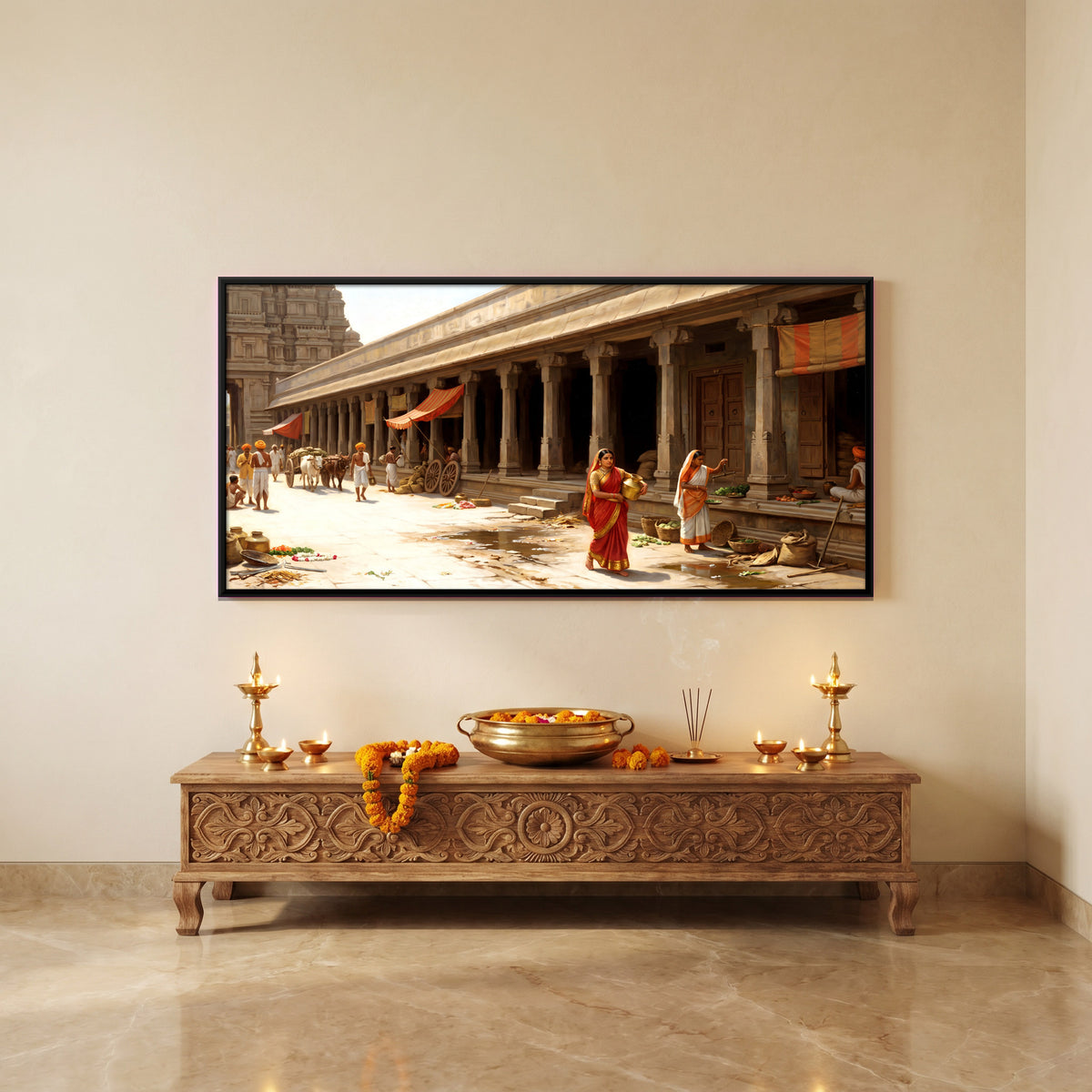 Market Day on a Temple Street - canvas art shown in a styled room