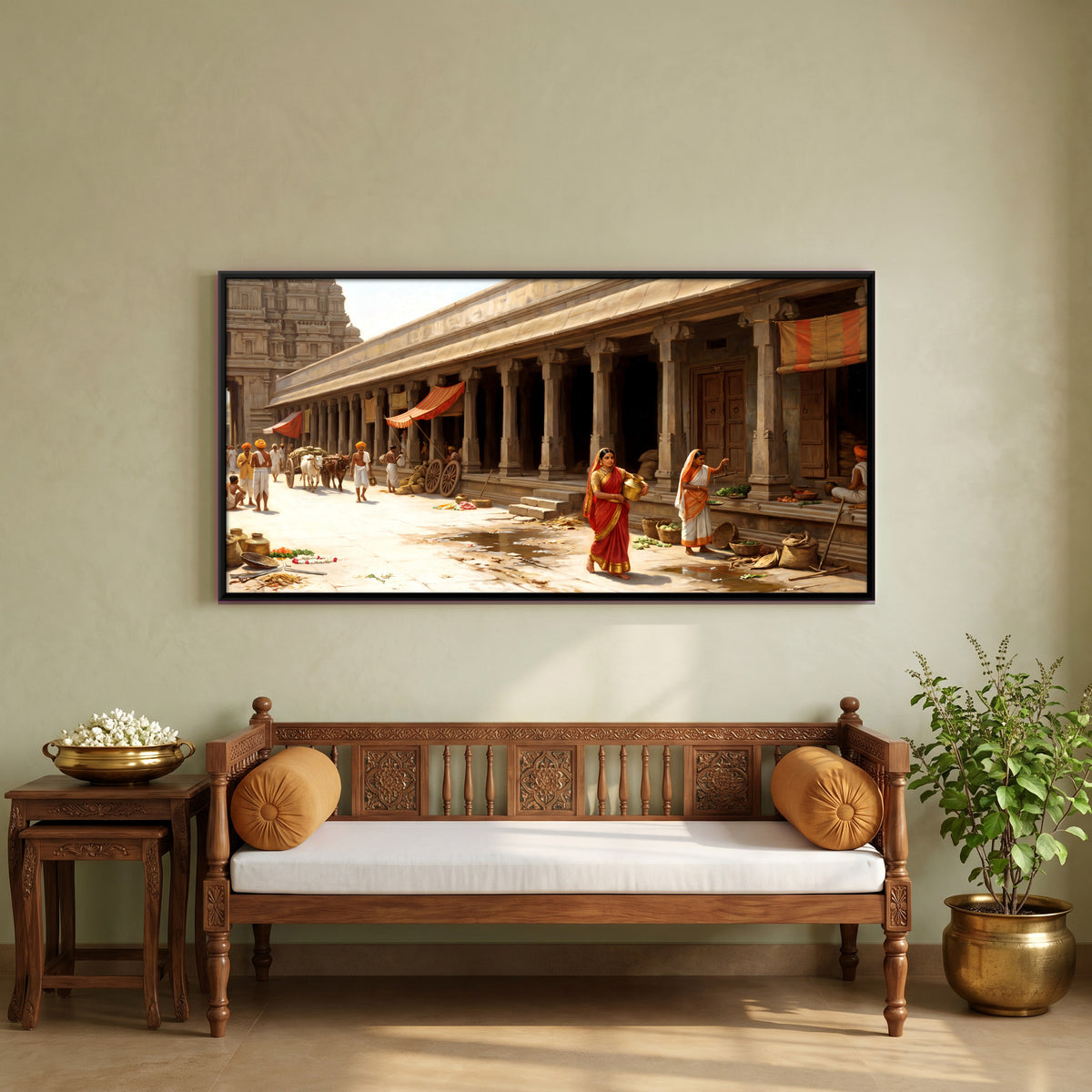 Market Day on a Temple Street - canvas art shown in a second room setting