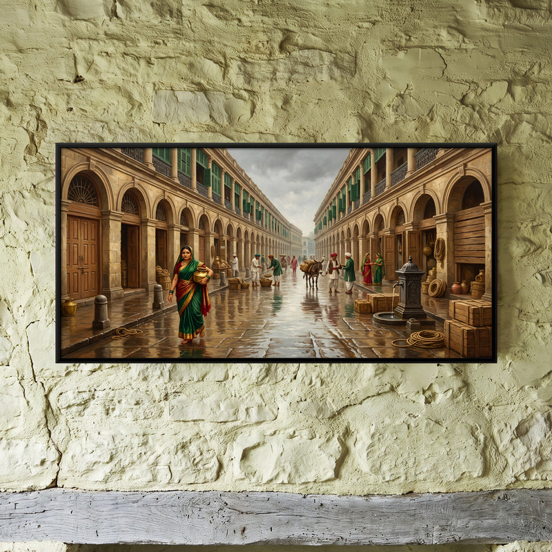Colonial Arcade Street - framed canvas art hung on a wall