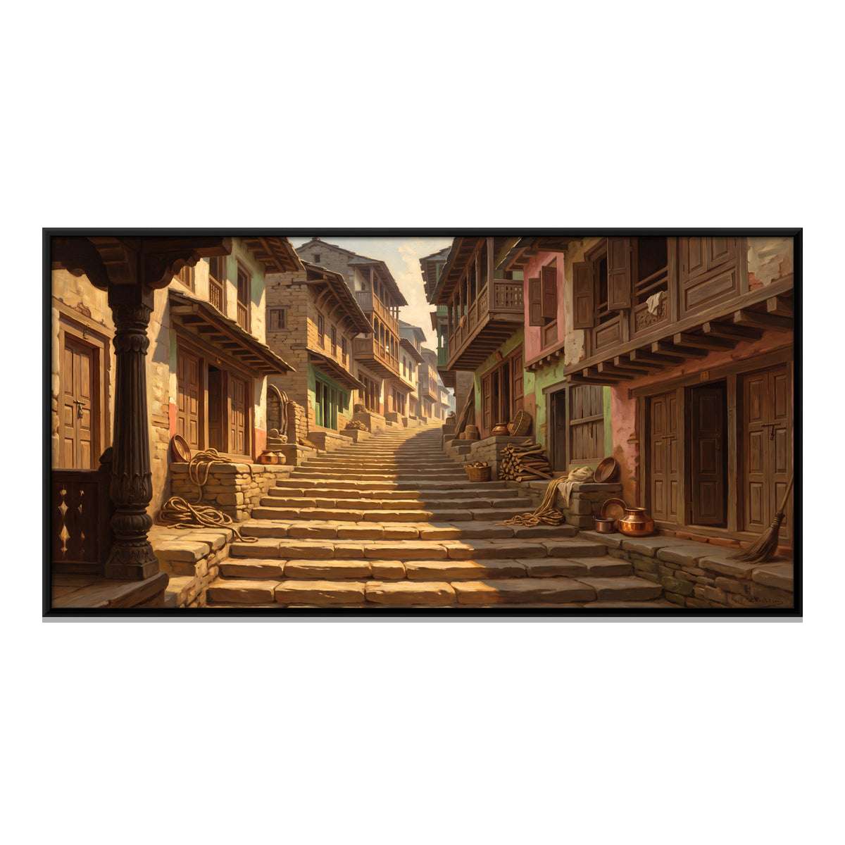 Stepped Lane in a Hill Town - framed canvas print, front view
