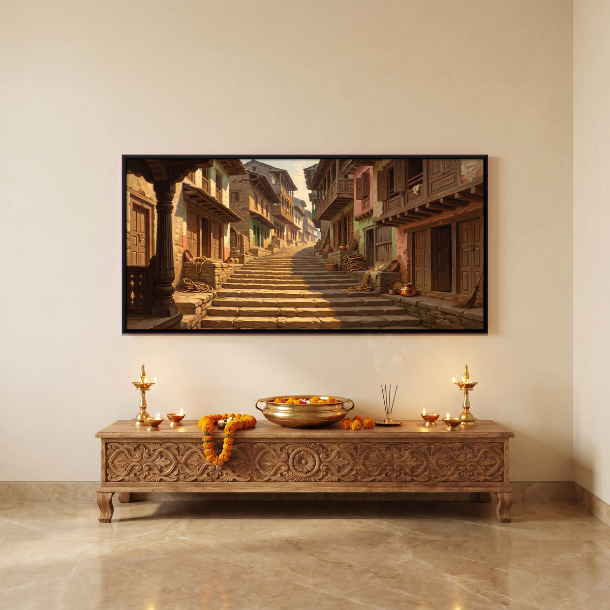 Stepped Lane in a Hill Town - canvas art shown in a second room setting