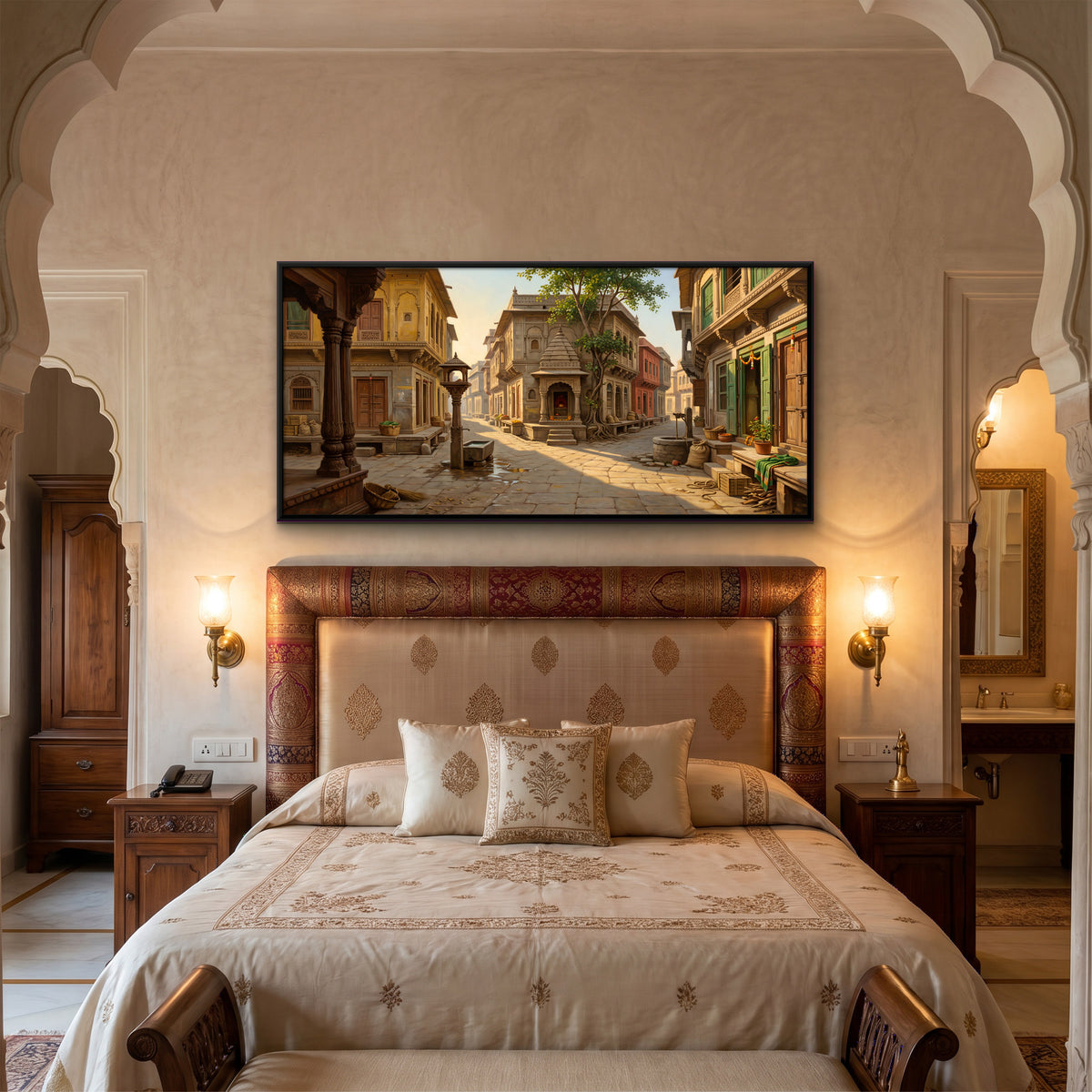 Old Town Lane with Shrine - canvas art shown in a second room setting