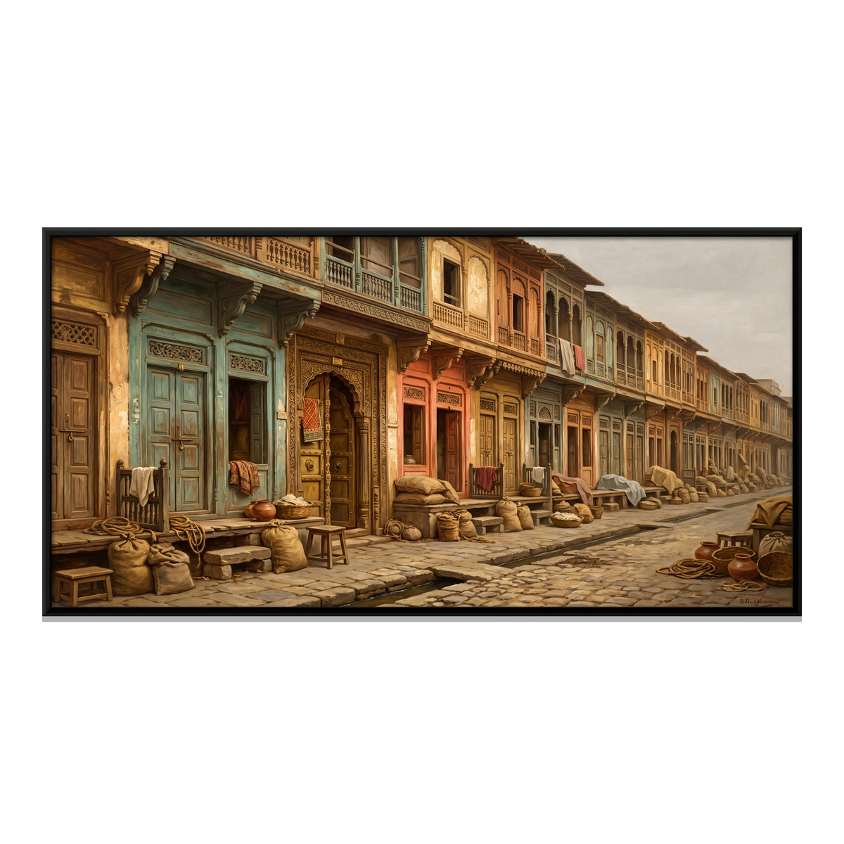 Street of Painted Havelis - framed canvas print, front view