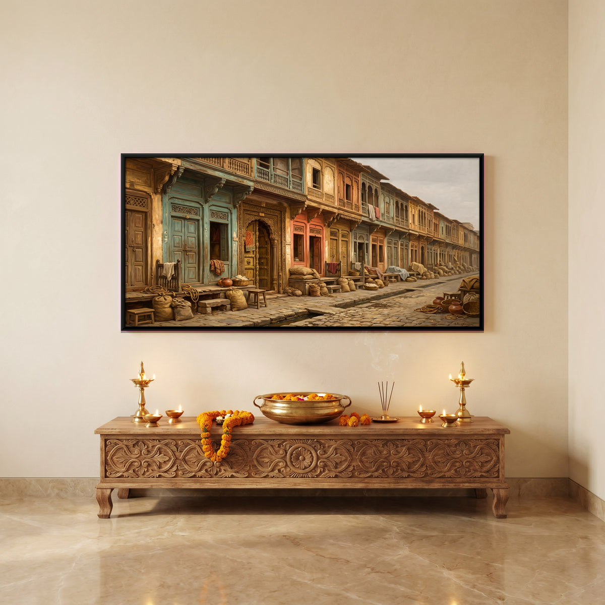 Street of Painted Havelis - canvas art shown in a styled room