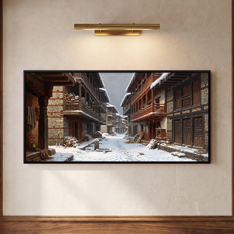 Snowbound Street in a Mountain Town - framed canvas art hung on a wall