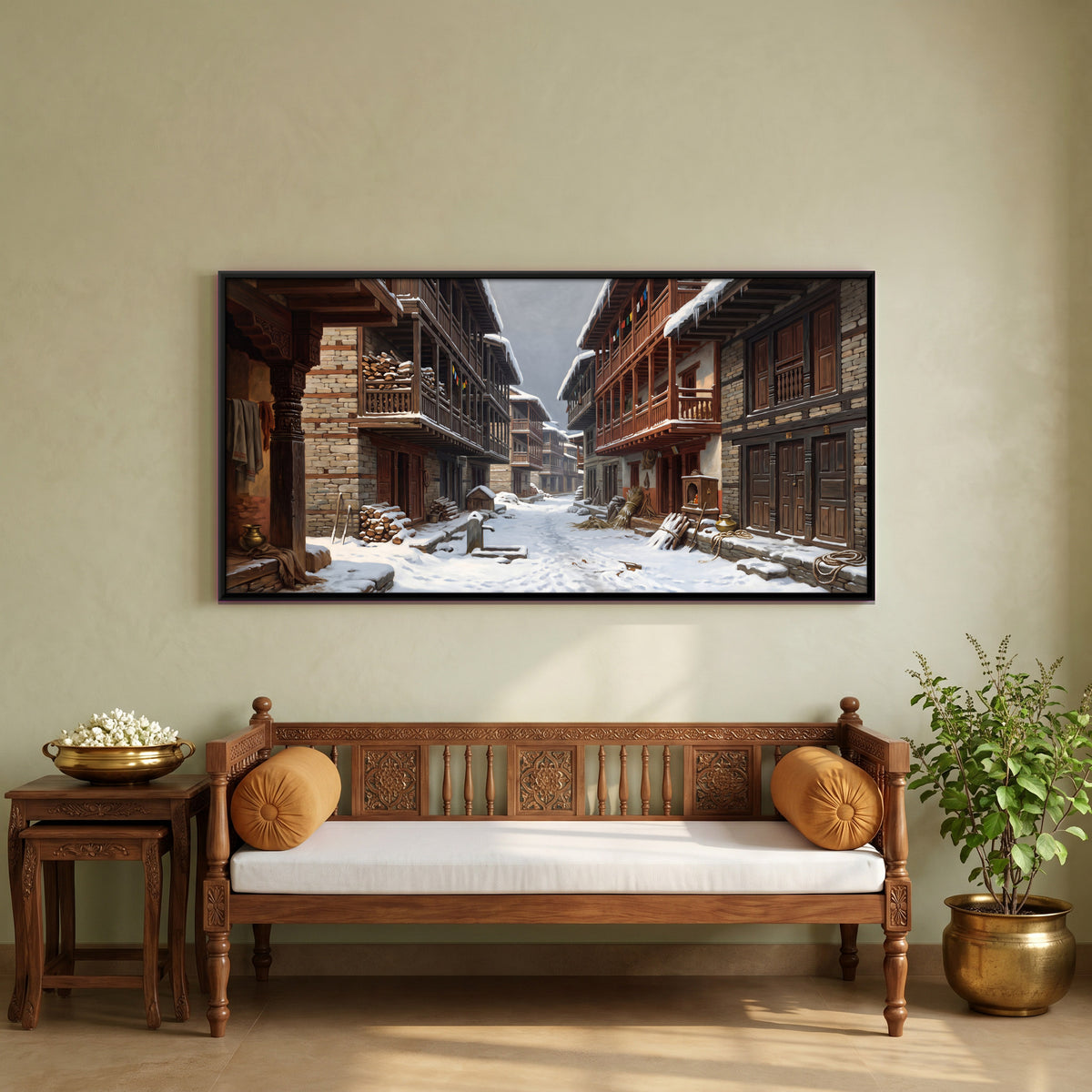 Snowbound Street in a Mountain Town - canvas art shown in a styled room