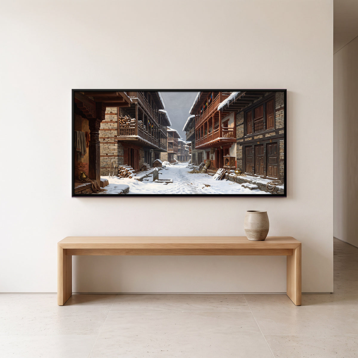 Snowbound Street in a Mountain Town - canvas art shown in a second room setting