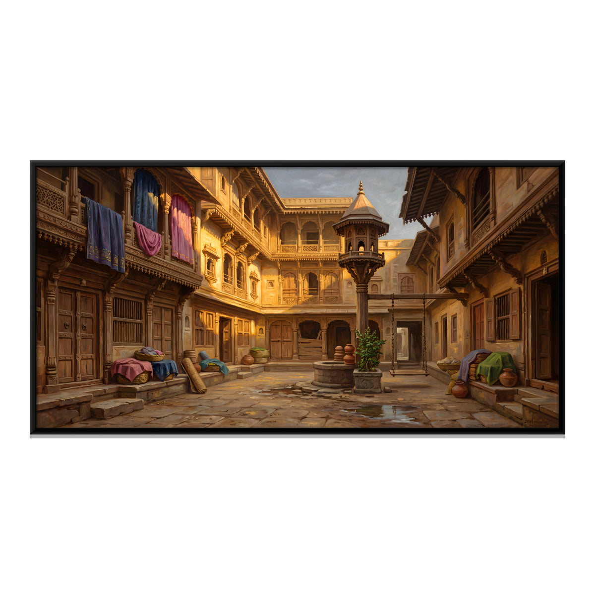 Carved Wooden Haveli Courtyard - framed canvas print, front view