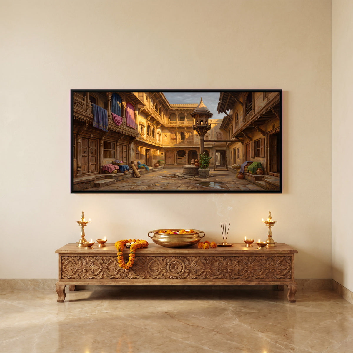Carved Wooden Haveli Courtyard - canvas art shown in a styled room