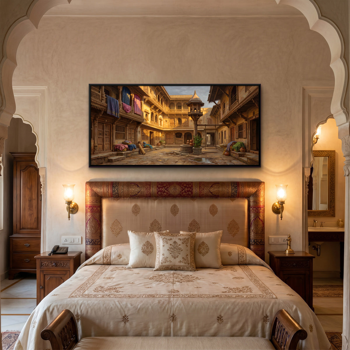 Carved Wooden Haveli Courtyard - canvas art shown in a second room setting