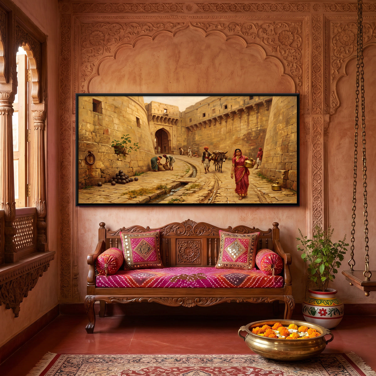 Cobbled Lane Inside the Fort Walls - canvas art shown in a styled room