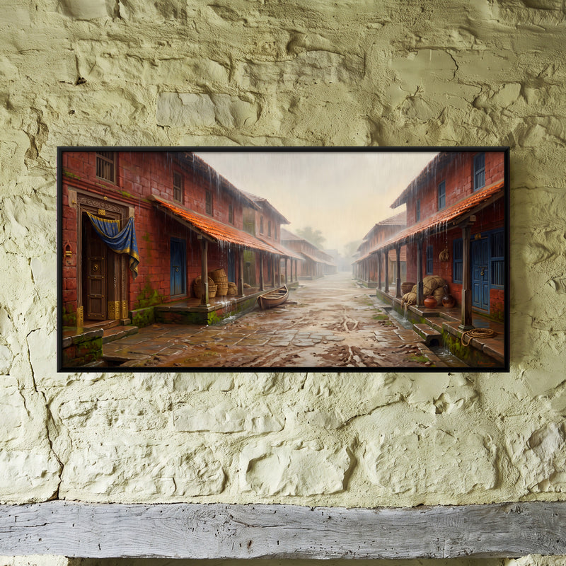 Rainy Bazaar Street - framed canvas art hung on a wall