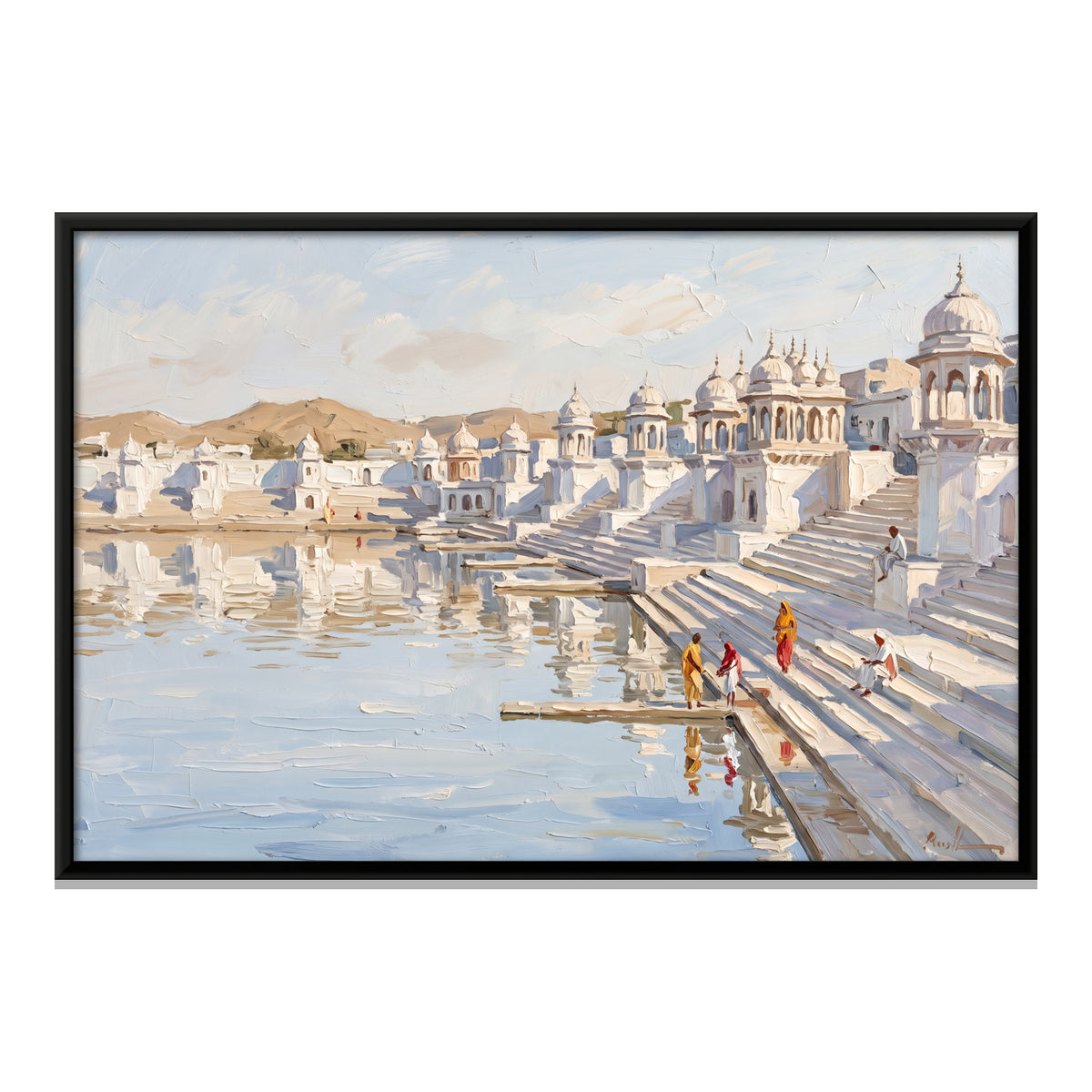 White Ghats of Pushkar Lake - framed canvas print, front view