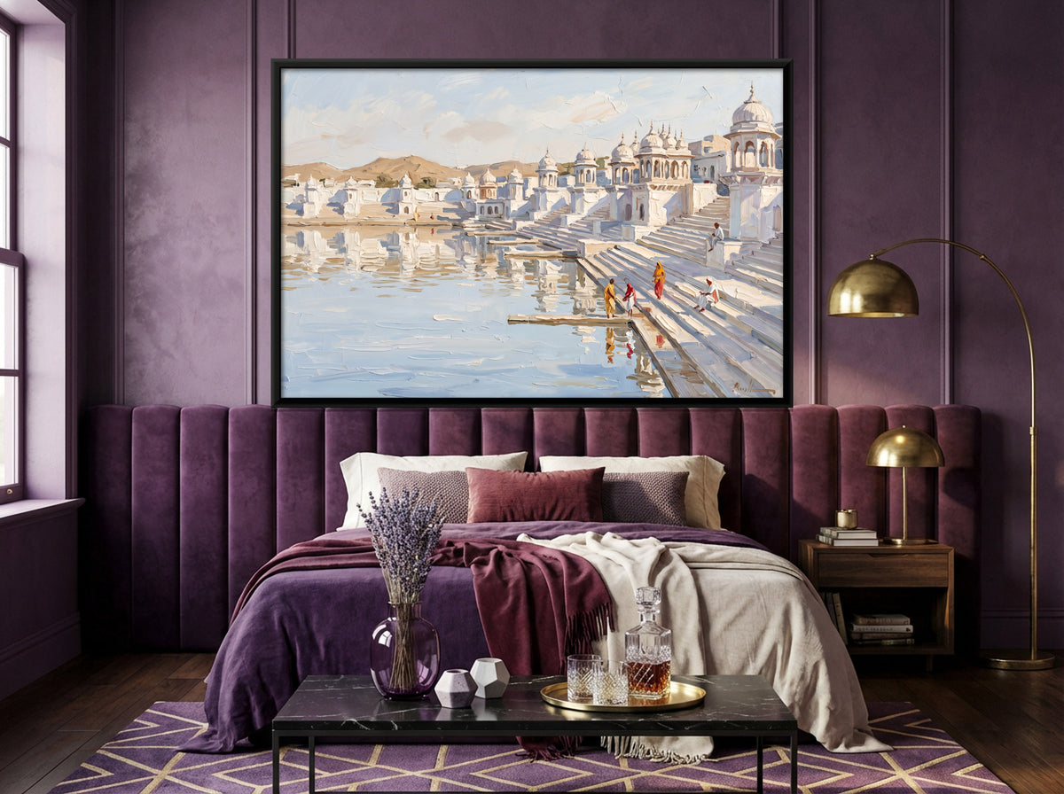 White Ghats of Pushkar Lake - canvas art shown in a styled room