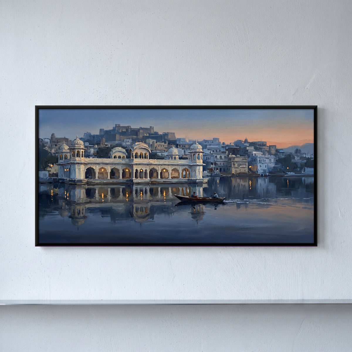 Udaipur Lake Palace at Dusk - framed canvas art hung on a wall
