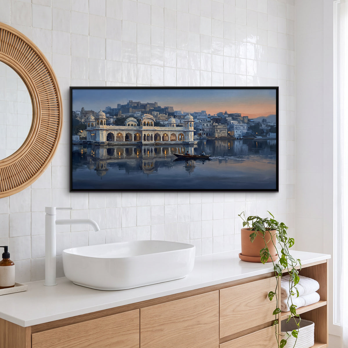Udaipur Lake Palace at Dusk - canvas art shown in a styled room