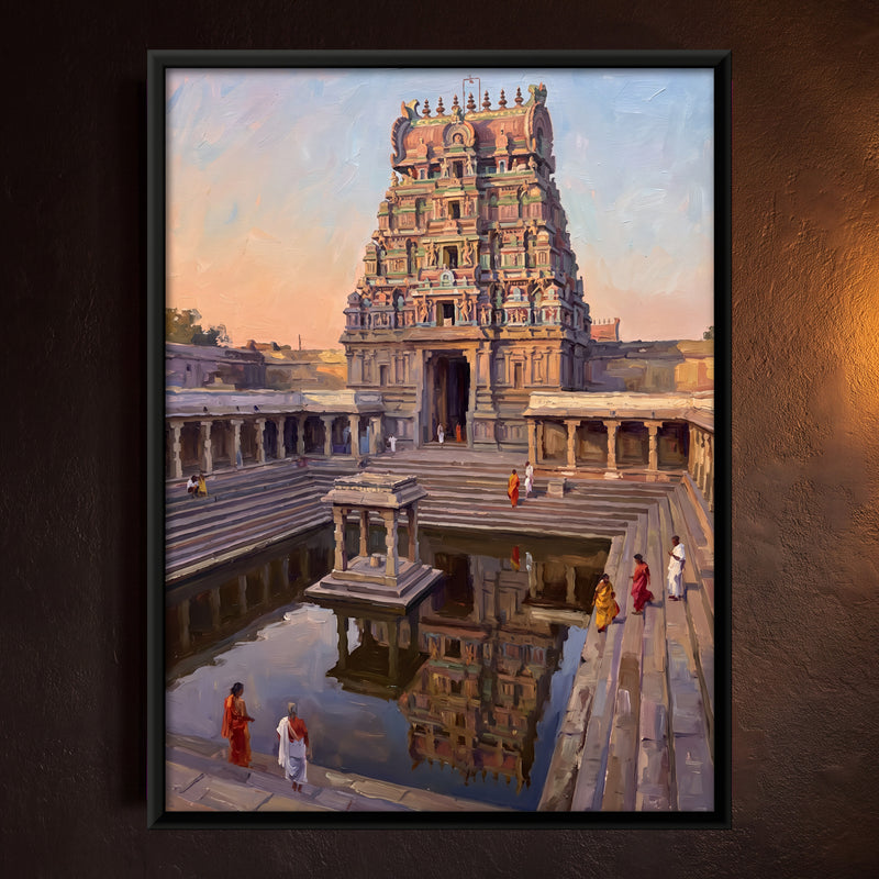 Gopuram Reflected in a Temple Tank - framed canvas art hung on a wall