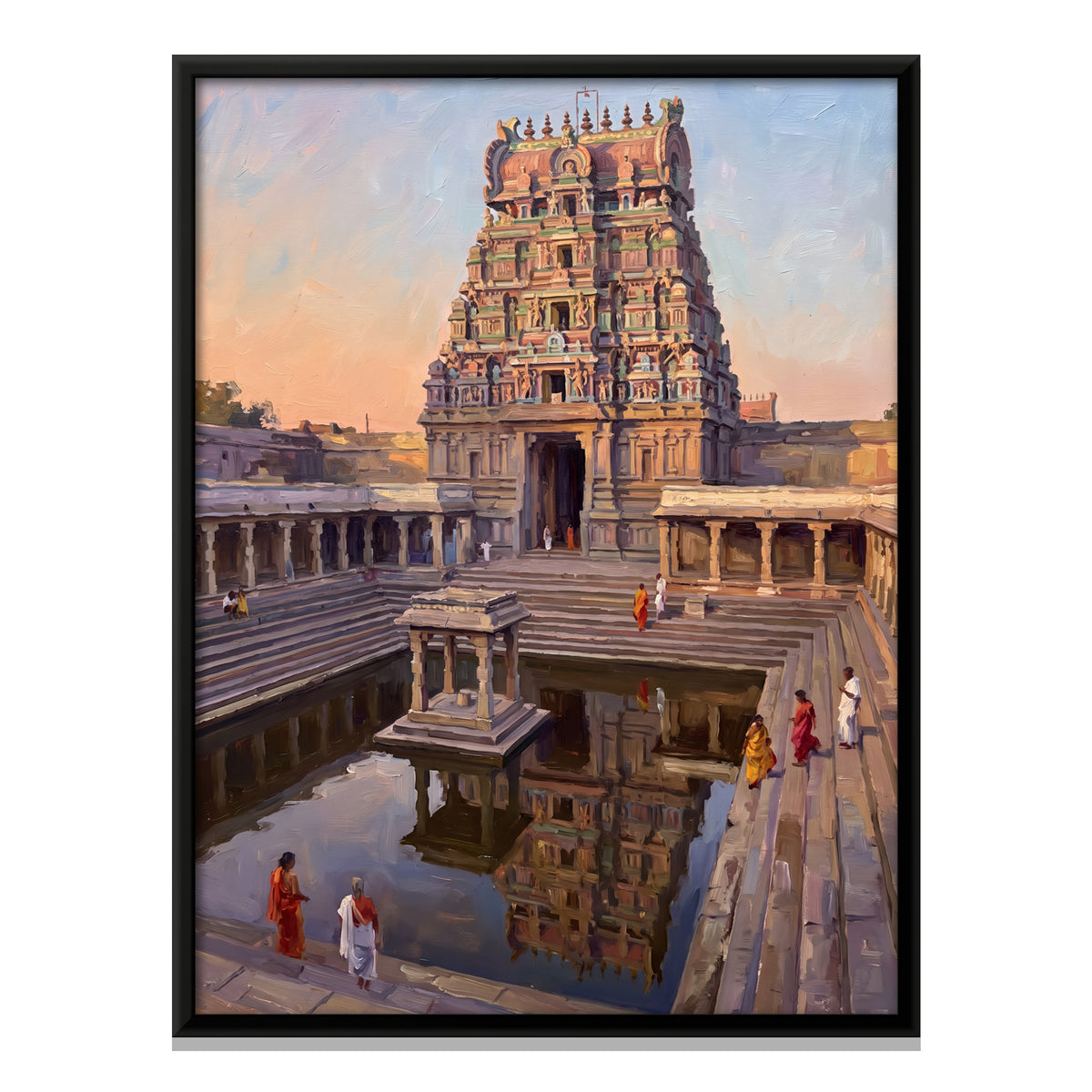 Gopuram Reflected in a Temple Tank - framed canvas print, front view