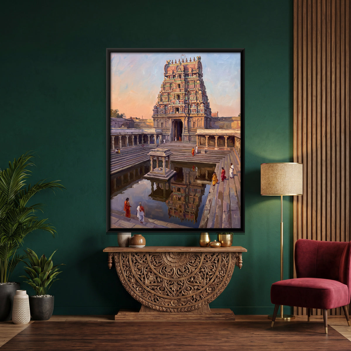 Gopuram Reflected in a Temple Tank - canvas art shown in a styled room