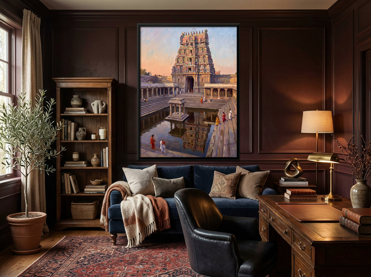 Gopuram Reflected in a Temple Tank - canvas art shown in a second room setting