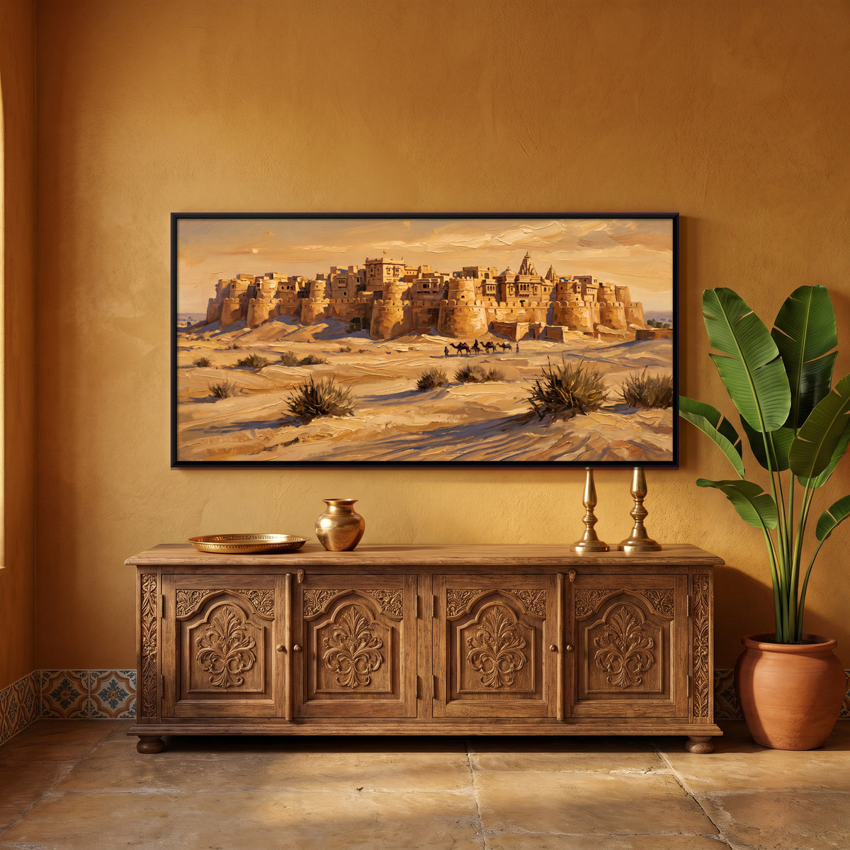 Jaisalmer Fort Above the Dunes - canvas art shown in a styled room