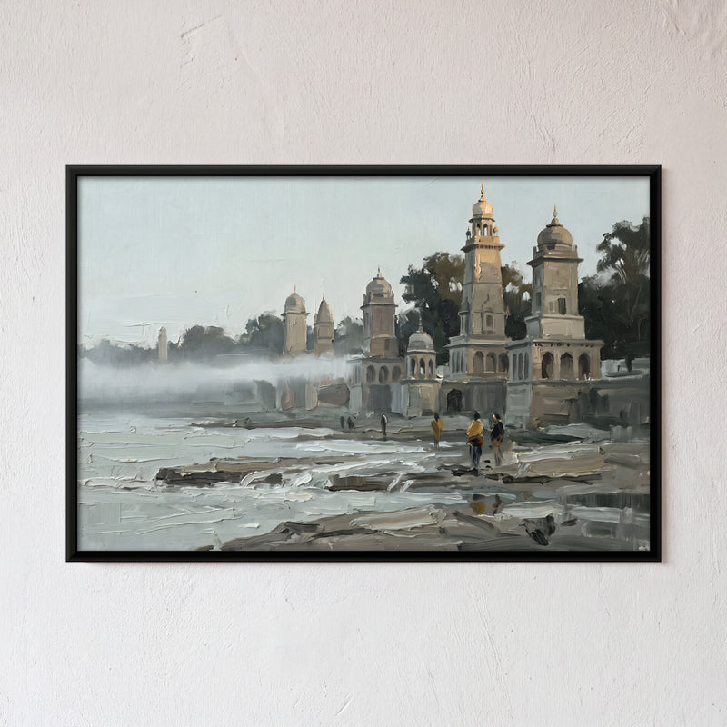 Riverside Temples in the Mist - framed canvas art hung on a wall